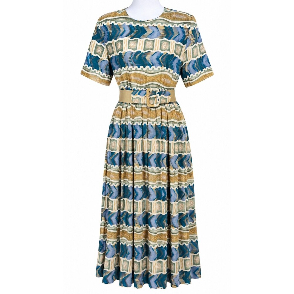 Vintage 80s Another Thyme Geometric Print Midi Dress Belted Padded Shoulders USA